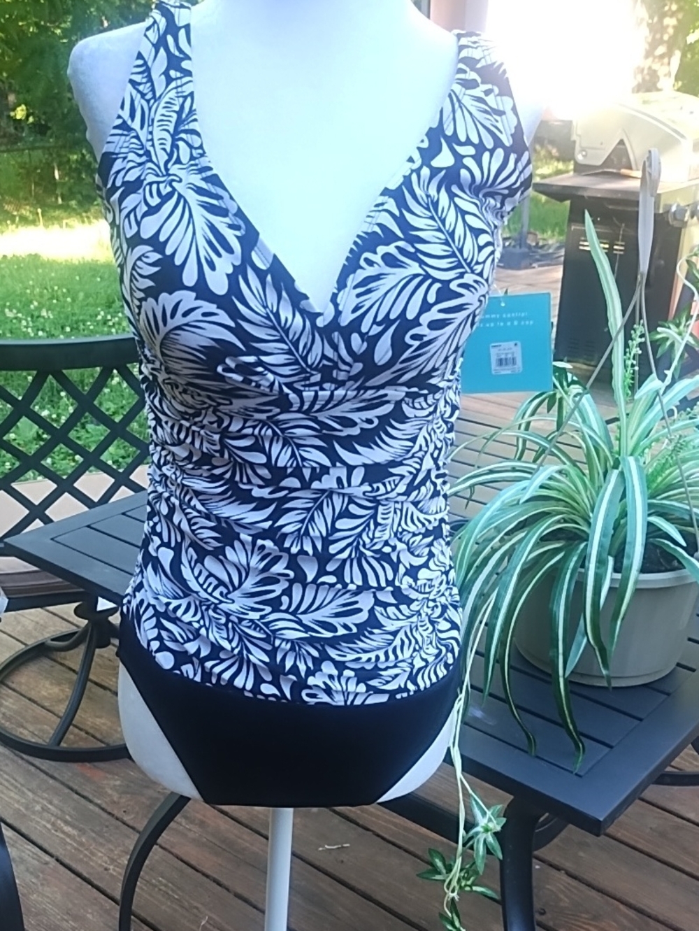 Swimsuit Black & White Leaf Print
